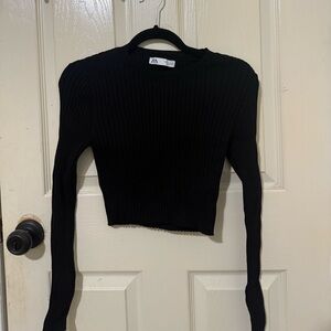 Zara Black Ribbed Cropped Long Sleeve Top | Size L